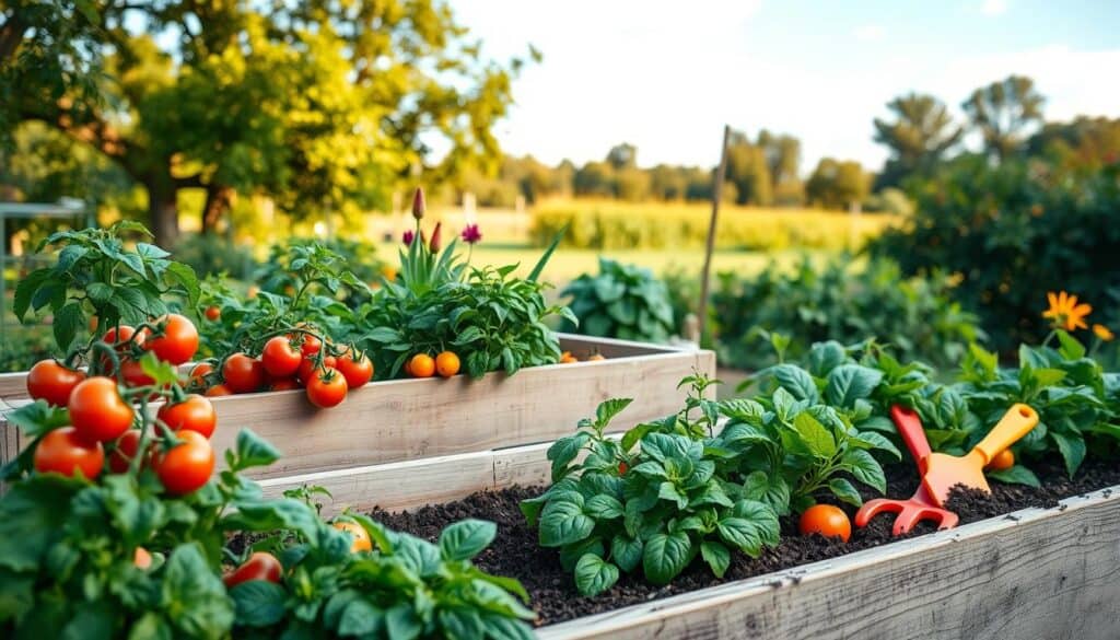 A serene raised bed garden filled with a variety of vibrant vegetables, including tomatoes, peppers, and leafy greens, thriving in a well-structured wooden bed. In the foreground, the lush plants show healthy green foliage and colorful produce, with soil visibly rich and moist. In the middle ground, a gently weathered wooden raised bed contrasts with colorful garden tools resting nearby. The background features a soft-focus garden landscape bathed in warm, natural sunlight, with trees and a clear blue sky framed by soft clouds. The scene conveys an inviting and nurturing atmosphere, showcasing the accessibility and appeal of raised bed gardening for beginners, with a hint of tranquility and a touch of rustic charm. The image should evoke a sense of joy and possibility in gardening.