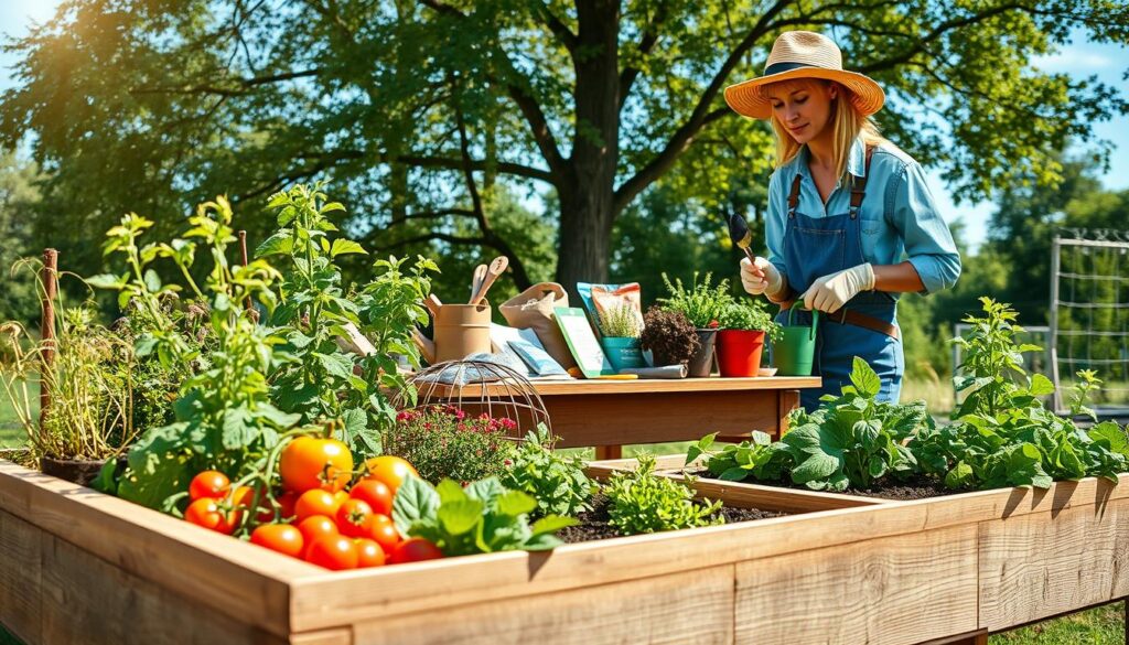 A serene raised bed garden scene showcasing various gardening tips. In the foreground, a well-constructed wooden raised bed filled with a variety of vibrant plants such as tomatoes, leafy greens, and herbs, illustrating seasonal planting. Nearby, a gardener in modest casual clothing, wearing a sun hat and gloves, is examining the soil with a trowel, demonstrating hands-on care. In the middle, various gardening tools like watering cans, soil bags, and seed packets are neatly arranged on a rustic wooden table. The background features a bright blue sky with soft sunlight filtering through surrounding trees, creating a warm and inviting atmosphere. The overall mood is peaceful and motivating, encouraging viewers to engage in DIY gardening activities.