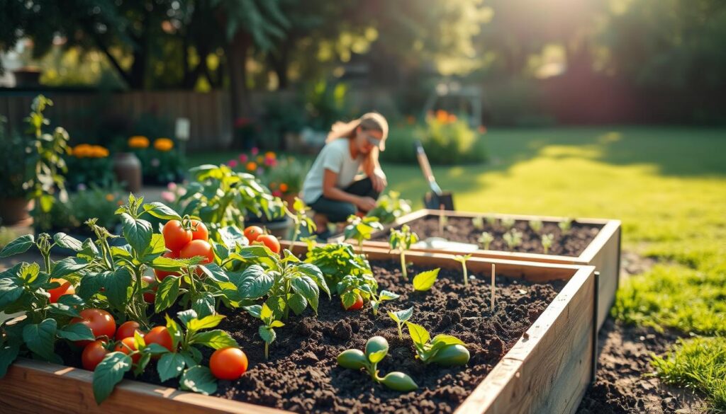 A serene raised bed garden scene under soft, natural sunlight, showcasing an array of vibrant vegetables such as tomatoes, peppers, and leafy greens. In the foreground, a well-constructed wooden raised bed filled with rich, dark soil and healthy plants, clearly demonstrating a diverse soil mix. The middle ground features a gardener in modest casual clothing, kneeling and tending to the plants, surrounded by garden tools and small seedlings ready for planting. In the background, a lush, green lawn and colorful flowers provide a cheerful atmosphere, framed by gentle trees swaying in the breeze. The warm, inviting lighting enhances the scene's tranquility, promoting a sense of harmony with nature and the essence of nurturing a thriving vegetable garden.