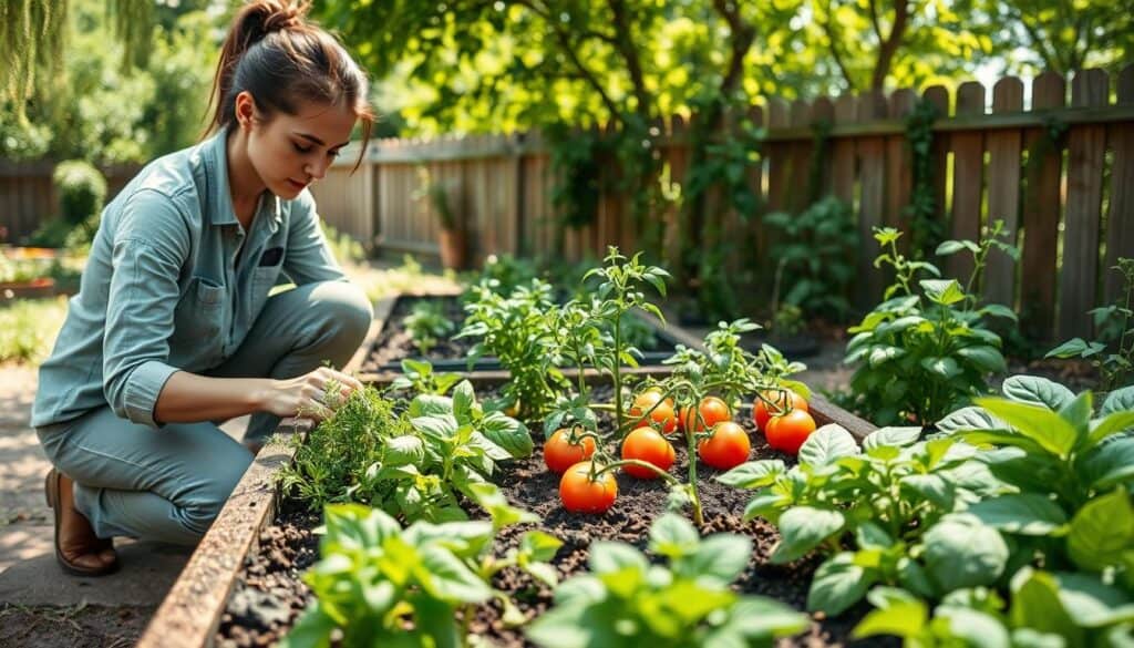 A serene raised bed garden setting illustrating troubleshooting common challenges in gardening. In the foreground, a gardener in modest casual clothing kneels next to a raised bed, examining wilting herbs and inspecting the soil texture. In the middle ground, a variety of vegetables and herbs thrive alongside each other, such as basil, tomatoes, and lettuce, showcasing healthy growth. The background features a wooden fence and a lush garden with sunlight filtering through leaves, casting soft shadows on the ground. The atmosphere is calm and focused, evoking a spirit of problem-solving and nurturing. Soft natural light enhances the details and colors of the plants, while maintaining a well-lit, airy feel overall. A serene raised bed garden setting illustrating troubleshooting common challenges in gardening. In the foreground, a gardener in modest casual clothing kneels next to a raised bed, examining wilting herbs and inspecting the soil texture. In the middle ground, a variety of vegetables and herbs thrive alongside each other, such as basil, tomatoes, and lettuce, showcasing healthy growth. The background features a wooden fence and a lush garden with sunlight filtering through leaves, casting soft shadows on the ground. The atmosphere is calm and focused, evoking a spirit of problem-solving and nurturing. Soft natural light enhances the details and colors of the plants, while maintaining a well-lit, airy feel overall.