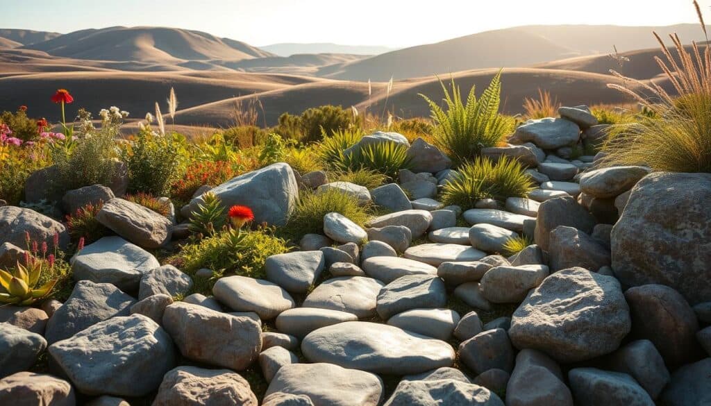 A serene river rock garden design featuring native plants artfully arranged to complement the natural landscape. In the foreground, smooth, polished river stones in varying sizes create a textured pathway, interspersed with vibrant local flora such as wildflowers, ferns, and grasses. The middle ground showcases lush green plants thriving among the rocks, highlighting biodiversity. In the background, gently rolling hills bathed in soft, golden sunlight create a tranquil atmosphere, blending seamlessly with the garden setting. The image is captured with a wide-angle lens, emphasizing the expansive beauty of the garden, illuminated by bright, natural light to enhance the colors and textures. The overall mood is peaceful and inviting, showcasing the harmonious integration of river rocks and native plants.