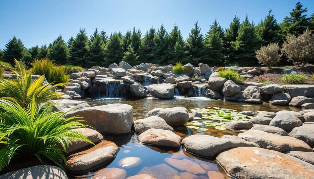 A serene rock garden featuring a harmonious blend of natural elements and water features. In the foreground, smooth, rounded stones are artfully arranged with small pools of clear water, reflecting the surrounding greenery. Lush, vibrant plants, including ferns and ornamental grasses, gently sway beside the water, enhancing the tranquil ambiance. In the middle ground, a larger waterfall cascades over jagged rocks, creating soothing sounds as it flows into a koi pond adorned with lily pads. The background showcases a dense cluster of evergreen trees under a bright blue sky, with soft sunlight illuminating the scene, casting gentle shadows. The overall mood is peaceful and inviting, ideal for a beautiful outdoor retreat. Capture this scene from a slightly elevated angle, emphasizing the layered composition and inviting depth. A serene rock garden featuring a harmonious blend of natural elements and water features. In the foreground, smooth, rounded stones are artfully arranged with small pools of clear water, reflecting the surrounding greenery. Lush, vibrant plants, including ferns and ornamental grasses, gently sway beside the water, enhancing the tranquil ambiance. In the middle ground, a larger waterfall cascades over jagged rocks, creating soothing sounds as it flows into a koi pond adorned with lily pads. The background showcases a dense cluster of evergreen trees under a bright blue sky, with soft sunlight illuminating the scene, casting gentle shadows. The overall mood is peaceful and inviting, ideal for a beautiful outdoor retreat. Capture this scene from a slightly elevated angle, emphasizing the layered composition and inviting depth.
