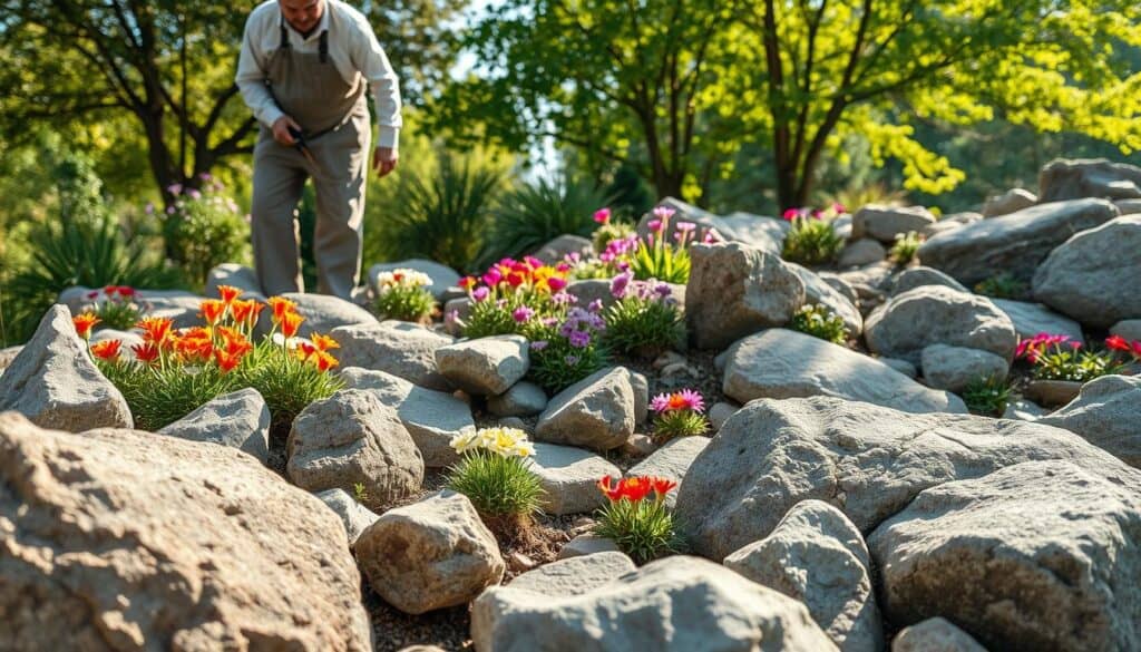 A serene rock garden maintenance scene, featuring a skilled gardener dressed in modest casual clothing, carefully tending to colorful alpine plants nestled among smooth stones. In the foreground, a variety of textured rocks are arranged artistically, interspersed with vibrant flowers. The middle ground showcases the gardener using pruning shears to trim the foliage, creating a sense of focus and activity. In the background, soft sunlight filters through leafy trees, casting gentle shadows and illuminating the garden's natural beauty. The overall mood is tranquil and harmonious, reflecting an ideal balance of nature and human care. Capture this scene with a wide-angle lens, emphasizing depth and detail, with bright, natural lighting to enhance the colors and textures of the rocks and plants. A serene rock garden maintenance scene, featuring a skilled gardener dressed in modest casual clothing, carefully tending to colorful alpine plants nestled among smooth stones. In the foreground, a variety of textured rocks are arranged artistically, interspersed with vibrant flowers. The middle ground showcases the gardener using pruning shears to trim the foliage, creating a sense of focus and activity. In the background, soft sunlight filters through leafy trees, casting gentle shadows and illuminating the garden's natural beauty. The overall mood is tranquil and harmonious, reflecting an ideal balance of nature and human care. Capture this scene with a wide-angle lens, emphasizing depth and detail, with bright, natural lighting to enhance the colors and textures of the rocks and plants.
