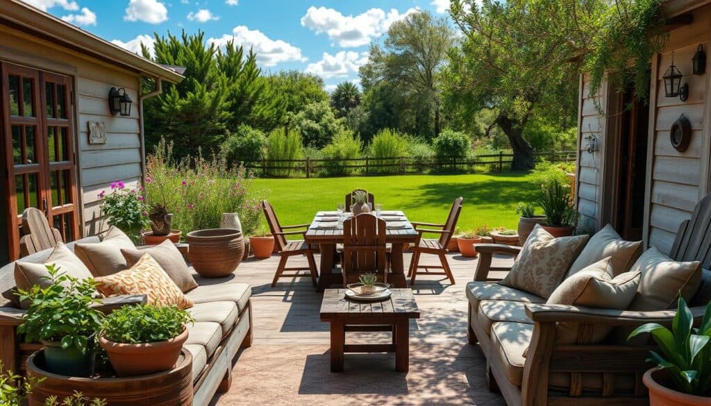 A serene rustic backyard retreat featuring a cozy outdoor seating area with weathered wooden furniture, adorned with soft, textured cushions in earthy tones. The foreground showcases vibrant potted plants, herbs, and hand-carved wooden decor elements, enhancing the natural ambiance. In the middle, a rustic wooden dining table is set for an outdoor meal, surrounded by elegantly mismatched chairs. The background reveals a lush green lawn bordered by wildflowers and a quaint wooden fence, under a blue sky with fluffy white clouds. Bright natural light filters through the trees, creating playful shadows on the ground. The atmosphere is warm and inviting, perfect for gatherings, evoking a sense of tranquility and connection with nature. The overall composition is captured from a slightly elevated angle, providing a comprehensive view of the harmonious decor. A serene rustic backyard retreat featuring a cozy outdoor seating area with weathered wooden furniture, adorned with soft, textured cushions in earthy tones. The foreground showcases vibrant potted plants, herbs, and hand-carved wooden decor elements, enhancing the natural ambiance. In the middle, a rustic wooden dining table is set for an outdoor meal, surrounded by elegantly mismatched chairs. The background reveals a lush green lawn bordered by wildflowers and a quaint wooden fence, under a blue sky with fluffy white clouds. Bright natural light filters through the trees, creating playful shadows on the ground. The atmosphere is warm and inviting, perfect for gatherings, evoking a sense of tranquility and connection with nature. The overall composition is captured from a slightly elevated angle, providing a comprehensive view of the harmonious decor.
