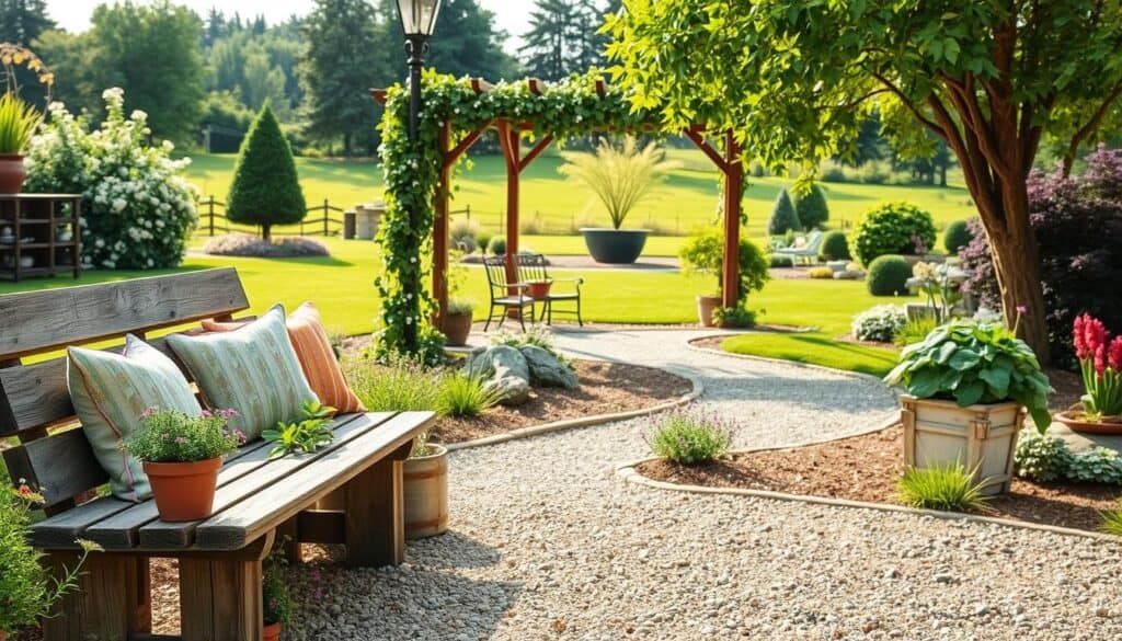 A serene rustic yard featuring charming landscaping ideas that emphasize farmhouse touches. In the foreground, a weathered wooden bench adorned with colorful throw pillows invites relaxation, surrounded by potted herbs and wildflowers. In the middle, a winding gravel path leads to a rustic wooden pergola draped with climbing vines and fairy lights, creating a cozy gathering space. The background showcases a lush green lawn with a mix of mature trees and ornamental shrubs, all bathed in soft, warm sunlight. The overall atmosphere exudes tranquility and warmth, with a picturesque, inviting feel. Capture this scene from a slightly elevated angle to highlight the landscaping layers and natural beauty, ensuring bright, natural light illuminates every detail.