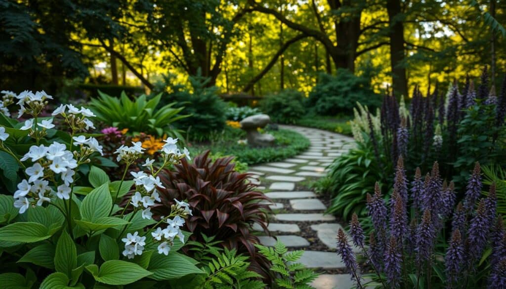 A serene shade garden filled with a variety of shade-tolerant flowers, such as hostas, ferns, and astilbes, in vibrant colors, displaying lush greenery and delicate blooms. In the foreground, visible clusters of soft purple and white flowers contrasted against rich green foliage, capturing the texture and diversity of the plants. The middle ground features a winding stone path leading deeper into the garden, surrounded by leafy shrubs and a few ornamental stones. The background showcases tall, leafy trees filtering soft sunlight, creating a tranquil atmosphere. The scene is illuminated by warm, soft natural light, evoking a peaceful, inviting mood. Captured from a slightly elevated angle to showcase the garden's layout, with a focus on harmony and natural beauty. A serene shade garden filled with a variety of shade-tolerant flowers, such as hostas, ferns, and astilbes, in vibrant colors, displaying lush greenery and delicate blooms. In the foreground, visible clusters of soft purple and white flowers contrasted against rich green foliage, capturing the texture and diversity of the plants. The middle ground features a winding stone path leading deeper into the garden, surrounded by leafy shrubs and a few ornamental stones. The background showcases tall, leafy trees filtering soft sunlight, creating a tranquil atmosphere. The scene is illuminated by warm, soft natural light, evoking a peaceful, inviting mood. Captured from a slightly elevated angle to showcase the garden's layout, with a focus on harmony and natural beauty.