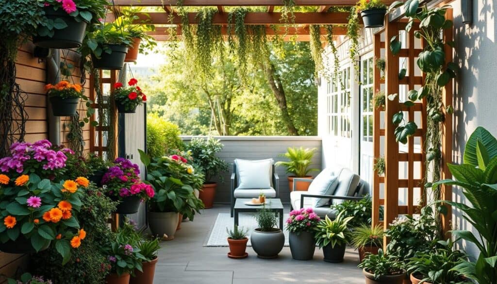 A serene small patio transformed by a lush vertical garden showcasing a variety of seasonal plants, including vibrant blooms and rich greenery, demonstrating the beauty of seasonal transitions. In the foreground, include hanging planters filled with colorful flowers, and a wooden trellis adorned with climbing vines. The middle features a cozy seating area with modern furniture, surrounded by pots of seasonal herbs and plants. The background displays soft natural light filtering through nearby trees, casting gentle shadows across the patio. Capture the scene from a slightly elevated angle to emphasize depth and texture, evoking a warm, inviting atmosphere perfect for relaxation and connection with nature.