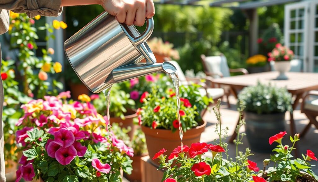A serene summer scene illustrating how to effectively water a container garden, featuring a gardener in modest casual clothing, gently pouring water from a watering can into vibrant pots filled with colorful flowers and lush greenery. The foreground showcases the gardener's hands and the watering can, with droplets of water glistening in the soft sunlight. In the middle ground, various container plants such as petunias and herbs thrive, healthy and vibrant, highlighting the importance of consistent watering. The background reveals a sun-drenched patio with a wooden table and comfortable seating, surrounded by greenery, creating an inviting atmosphere. The overall mood is calm and nurturing, emphasizing the care needed to ensure plants never dry out in summer, with bright natural light enhancing the scene's freshness and vitality.