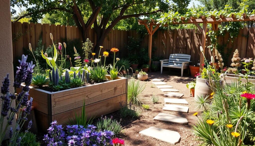 A serene sustainable small garden nestled in a cozy backyard setting. In the foreground, a variety of drought-tolerant plants such as succulents, lavender, and native wildflowers create a vibrant tapestry of colors. A rustic wooden raised bed filled with organic vegetables showcases the practical aspect of gardening. The middle ground features a small stone path leading to a charming seating area made of reclaimed wood, inviting relaxation. In the background, a wooden trellis covered with climbing vines provides shade and visual interest. Bright natural light filters through leafy trees, casting soft shadows and creating a warm, inviting atmosphere. The scene captures a sense of peace and fulfillment in sustainable living. A serene sustainable small garden nestled in a cozy backyard setting. In the foreground, a variety of drought-tolerant plants such as succulents, lavender, and native wildflowers create a vibrant tapestry of colors. A rustic wooden raised bed filled with organic vegetables showcases the practical aspect of gardening. The middle ground features a small stone path leading to a charming seating area made of reclaimed wood, inviting relaxation. In the background, a wooden trellis covered with climbing vines provides shade and visual interest. Bright natural light filters through leafy trees, casting soft shadows and creating a warm, inviting atmosphere. The scene captures a sense of peace and fulfillment in sustainable living.