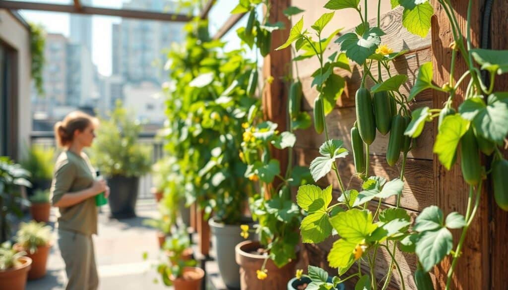 A serene urban patio scene featuring vibrant potted cucumber plants growing vertically along a rustic wooden trellis. In the foreground, a gardener wearing modest casual clothing inspects the leaves with a gentle, focused expression, holding a small spray bottle for natural pest control. The middle ground showcases the lush cucumber vines dotted with small yellow flowers, while various common pests, like aphids and beetles, are subtly illustrated on some leaves. The background reveals a sunny cityscape, enhancing the image with bright, soft sunlight filtering through, casting delightful shadows. The atmosphere is tranquil and productive, embodying the essence of urban gardening. A serene urban patio scene featuring vibrant potted cucumber plants growing vertically along a rustic wooden trellis. In the foreground, a gardener wearing modest casual clothing inspects the leaves with a gentle, focused expression, holding a small spray bottle for natural pest control. The middle ground showcases the lush cucumber vines dotted with small yellow flowers, while various common pests, like aphids and beetles, are subtly illustrated on some leaves. The background reveals a sunny cityscape, enhancing the image with bright, soft sunlight filtering through, casting delightful shadows. The atmosphere is tranquil and productive, embodying the essence of urban gardening.