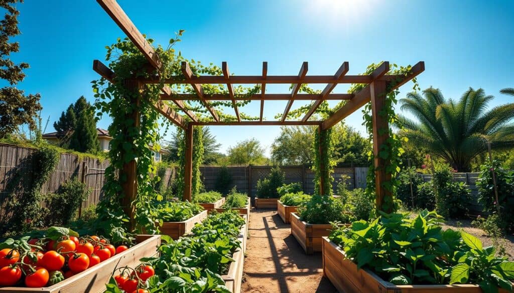 A serene vegetable garden pergola, intricately designed with wooden beams and vines. In the foreground, lush raised beds filled with vibrant vegetables like tomatoes, peppers, and leafy greens are thriving under soft sunlight. The middle ground features the elegant pergola adorned with climbing plants, casting gentle shadows on the garden. In the background, a clear blue sky enhances the bright atmosphere, while faint hints of greenery from nearby trees provide a natural frame. The lighting is warm and inviting, capturing a perfect afternoon glow. The scene evokes a sense of tranquility and productivity, illustrating an ideal space for year-round gardening. A serene vegetable garden pergola, intricately designed with wooden beams and vines. In the foreground, lush raised beds filled with vibrant vegetables like tomatoes, peppers, and leafy greens are thriving under soft sunlight. The middle ground features the elegant pergola adorned with climbing plants, casting gentle shadows on the garden. In the background, a clear blue sky enhances the bright atmosphere, while faint hints of greenery from nearby trees provide a natural frame. The lighting is warm and inviting, capturing a perfect afternoon glow. The scene evokes a sense of tranquility and productivity, illustrating an ideal space for year-round gardening.