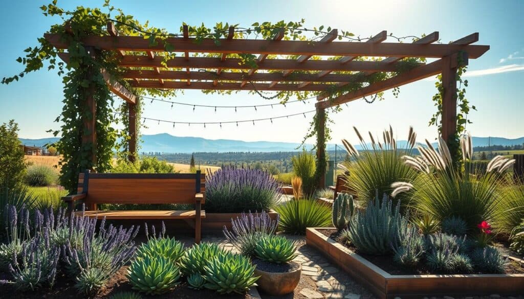 A serene water-wise garden scene, featuring an array of drought-tolerant plants like succulents, lavender, and ornamental grasses, arranged harmoniously in raised beds. In the foreground, a wooden garden bench under a shaded pergola adorned with climbing vines invites relaxation. The middle ground showcases a drip irrigation system weaving through the plants, promoting efficient water usage. The background reveals a sunlit landscape with distant hills and a clear blue sky, enhancing the sense of openness. The lighting is a warm, soft sunlight that casts gentle shadows, creating an inviting atmosphere. The overall mood is peaceful and sustainable, illustrating modern eco-friendly gardening principles. A serene water-wise garden scene, featuring an array of drought-tolerant plants like succulents, lavender, and ornamental grasses, arranged harmoniously in raised beds. In the foreground, a wooden garden bench under a shaded pergola adorned with climbing vines invites relaxation. The middle ground showcases a drip irrigation system weaving through the plants, promoting efficient water usage. The background reveals a sunlit landscape with distant hills and a clear blue sky, enhancing the sense of openness. The lighting is a warm, soft sunlight that casts gentle shadows, creating an inviting atmosphere. The overall mood is peaceful and sustainable, illustrating modern eco-friendly gardening principles.