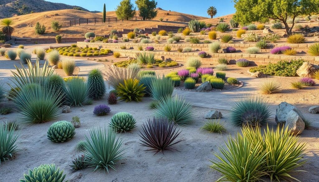 A serene water-wise landscape design featuring a diverse arrangement of drought-tolerant plants. In the foreground, a carefully curated selection of vibrant succulents and ornamental grasses thrives among soft, sandy pathways. The middle ground showcases a terraced garden with native flowering plants, each defined by decorative stone borders. In the background, gently rolling hills are dotted with dry-farmed trees and a clear blue sky, accentuating the harmony of the landscape. Soft sunlight bathes the scene, creating warm highlights and gentle shadows. Capture the essence of sustainability and beauty in outdoor living, with a focus on eco-friendly design principles, emphasizing a peaceful and inviting atmosphere, ideal for a backyard retreat.