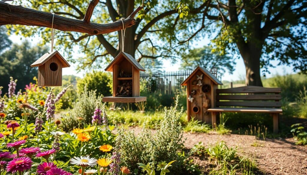 A serene wildlife-friendly garden scene featuring creative projects made from wood remnants. In the foreground, a rustic birdhouse hangs from an old tree branch, surrounded by vibrant flowers and lush greenery. The middle ground showcases a wooden insect hotel constructed from various wooden pieces, adorned with twigs and natural materials, attracting butterflies and bees. In the background, a small wooden bench made from reclaimed wood invites visitors to sit and enjoy nature while soft sunlight filters through the trees, casting gentle shadows. The atmosphere is peaceful and inviting, with bright natural light enhancing the colors of the garden. Capture this scene with a slight upward angle to emphasize the height of the trees and create a sense of openness.