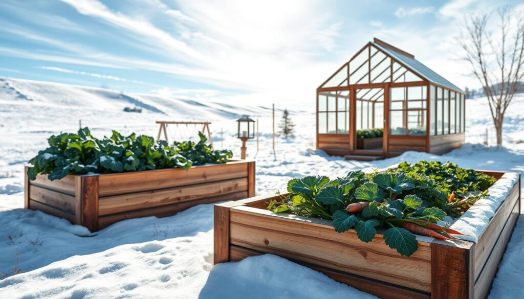 A serene winter scene showcasing raised covered garden beds, dusted with light snow. In the foreground, focus on two beautifully constructed wooden raised beds, filled with hearty winter vegetables like kale and carrots, their shades vibrant against the white backdrop. The middle ground reveals a cozy, intricately designed greenhouse in the backdrop, its glass panels reflecting soft sunlight. In the background, gently sloping hills are blanketed in snow, with a clear blue sky peeking through wispy clouds. The lighting is bright yet soft, casting gentle shadows while creating a peaceful ambiance. This image evokes a sense of tranquility and productivity, ideal for winter gardening enthusiasts.