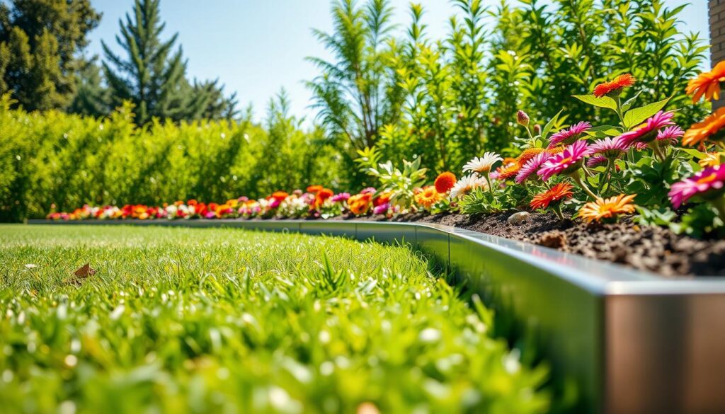 A sleek, modern garden featuring metal edging that defines sharp, clean lines between vibrant flower beds and a well-manicured lawn. In the foreground, the polished metallic edging shines in soft, natural sunlight, reflecting hints of the surrounding greenery. The middle ground showcases a variety of colorful flowers like daisies and marigolds, arranged neatly along the edging. The background consists of a lush garden filled with vibrant green foliage and a clear blue sky above, creating a serene atmosphere. The lighting is bright and airy, emphasizing the freshness of the outdoor space. The angle captures the edging's structure prominently, inviting viewers to appreciate the balance of design and nature.