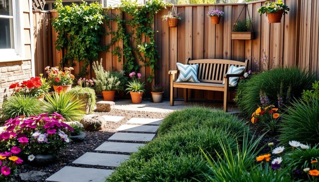 A small, beautifully landscaped backyard featuring a cozy seating area with a wooden bench surrounded by vibrant flowers, compact shrubs, and ornamental grasses. In the foreground, a neatly paved path leads through colorful flower beds, while small, potted plants add an inviting touch. In the middle, a wooden trellis covered in climbing vines enhances the space, providing vertical interest. The background reveals a wooden fence adorned with hanging planters, creating a sense of privacy. The scene is bathed in soft, natural sunlight, casting gentle shadows and highlighting the lush greenery, evoking a serene and inviting atmosphere. The composition is captured from a slightly elevated angle, emphasizing the layout's charm and size.