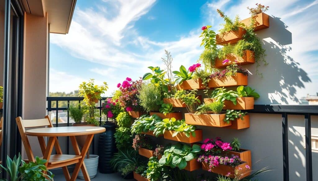 A small, charming balcony with a beautifully crafted vertical garden wall filled with a variety of vibrant plants, including herbs, succulents, and colorful flowers. In the foreground, the garden wall showcases wooden planters arranged in a cascading design, with lush greenery spilling over the edges, creating a cozy, inviting atmosphere. To the left, a modest table and chair set in light wood add functionality to the space. The background features a soft blue sky with wispy clouds, illuminated by warm, natural sunlight filtering through. The angle captures the depth of the balcony and highlights the intricate details of the plants. The overall mood is airy, fresh, and serene, perfect for gardening enthusiasts looking to maximize small outdoor spaces.