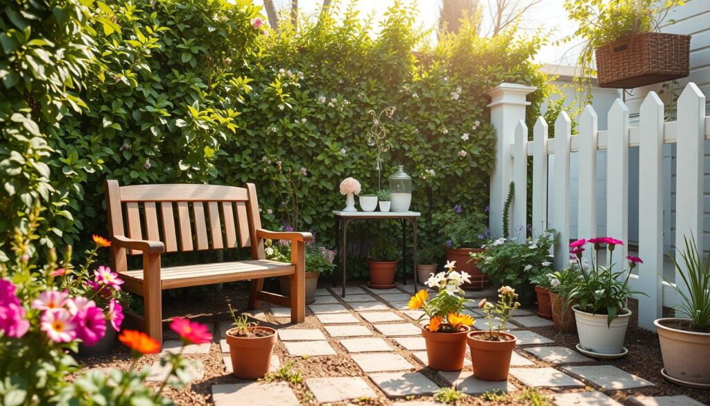 A small, charming garden designed to illustrate the concept of avoiding large furniture in compact spaces. In the foreground, a quaint wooden bench sits unobtrusively, surrounded by vibrant flowers in small pots, emphasizing a well-balanced layout. The middle ground features a small table with delicate, lightweight decor, and a variety of plants that do not overwhelm the area. In the background, a lush green hedge and a white picket fence create a sense of privacy, with a gentle sunlight filtering through the leaves, casting soft shadows on the ground. The angle captures the entire scene in a wide shot, showcasing the airy, well-lit atmosphere, while conveying a cheerful yet peaceful mood. The image is devoid of any text, ensuring focus on the design elements.