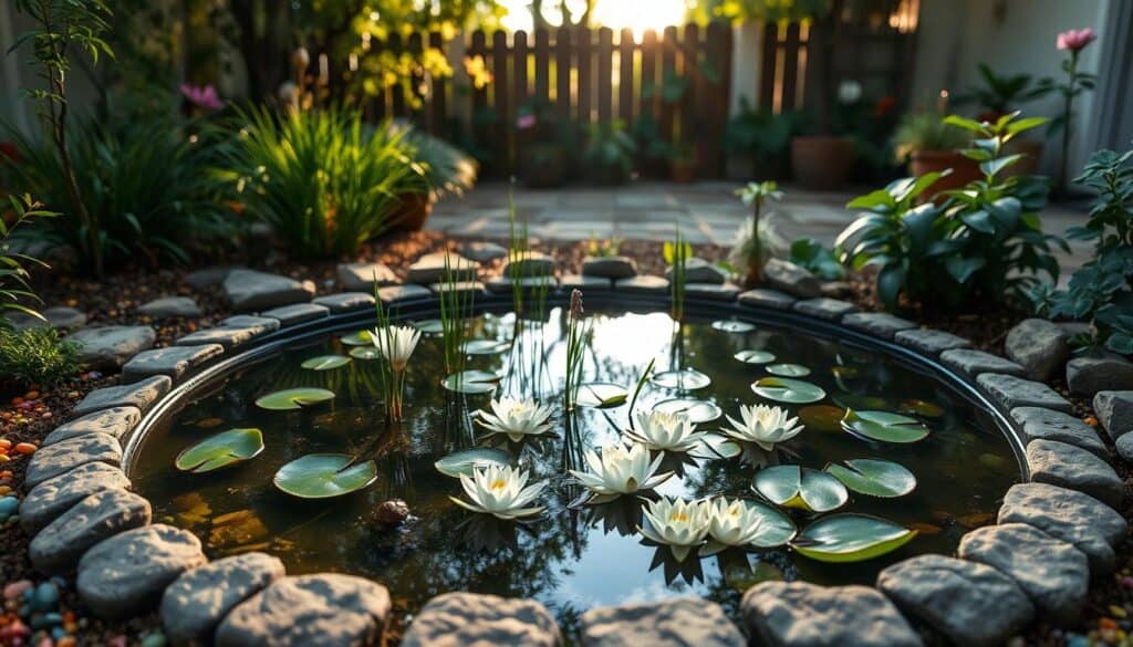 A small garden pond situated in a cozy, budget-friendly outdoor space, featuring a simple circular design created with low-cost materials like stones and a plastic liner. In the foreground, delicate water lilies float on the surface, surrounded by lush greenery and colorful pebbles scattered around the edge. The middle ground shows a few small ornamental grasses and flowering plants, adding a touch of vibrance. In the background, a faint glimpse of a wooden fence and some potted plants enhance the garden's charm. The scene is illuminated by soft, warm sunlight filtering through the trees, creating a peaceful and inviting atmosphere. The angle is slightly elevated to capture the entire pond area, emphasizing the tranquil and serene feel of the water feature. A small garden pond situated in a cozy, budget-friendly outdoor space, featuring a simple circular design created with low-cost materials like stones and a plastic liner. In the foreground, delicate water lilies float on the surface, surrounded by lush greenery and colorful pebbles scattered around the edge. The middle ground shows a few small ornamental grasses and flowering plants, adding a touch of vibrance. In the background, a faint glimpse of a wooden fence and some potted plants enhance the garden's charm. The scene is illuminated by soft, warm sunlight filtering through the trees, creating a peaceful and inviting atmosphere. The angle is slightly elevated to capture the entire pond area, emphasizing the tranquil and serene feel of the water feature.