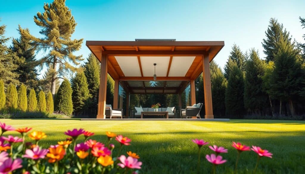 A spacious backyard featuring a stunning modern gazebo at its center, crafted from sleek wood and glass materials, surrounded by lush greenery. The gazebo has a flat roof with clean lines and large, open sides allowing for natural ventilation and light. In the foreground, a beautifully manicured lawn with vibrant flowers and contemporary outdoor furniture complements the setting. The middle ground showcases the elegant gazebo, reflecting soft sunlight that casts gentle shadows across the area. In the background, tall trees provide a natural border, enhancing the sense of peaceful isolation. The atmosphere is serene and inviting, conveying a perfect retreat for relaxation and social gatherings. Captured from a low angle, the image highlights the gazebo's architectural details against a bright blue sky, emphasizing a modern design aesthetic.