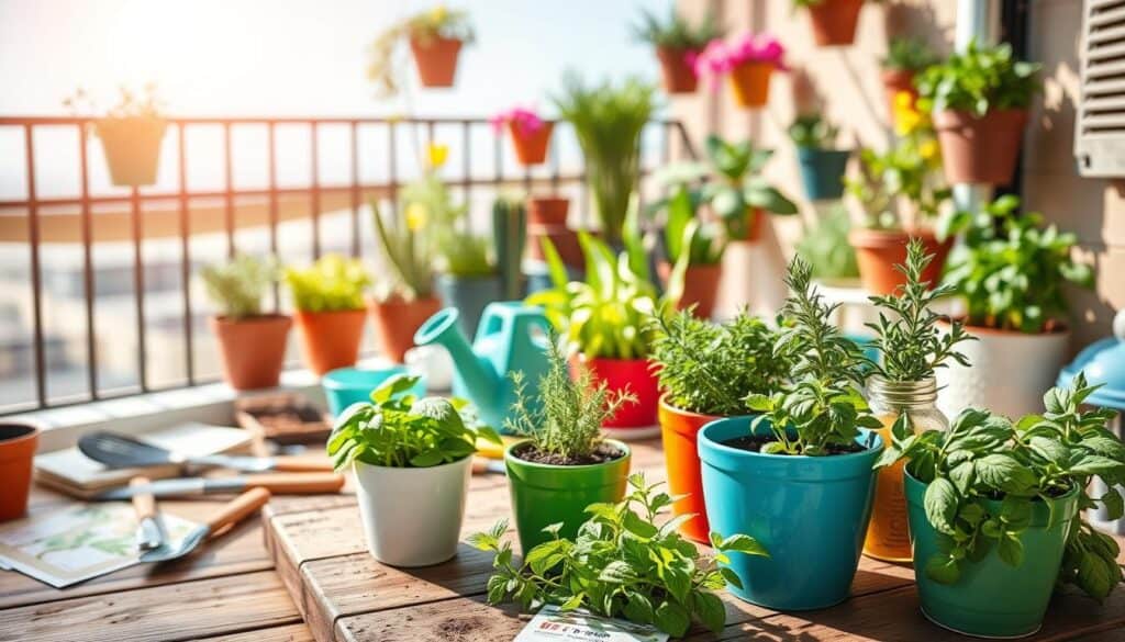 A step-by-step herb garden setup, featuring a serene container garden scene. In the foreground, colorful ceramic pots with fresh herbs like basil, mint, and rosemary are arranged on a rustic wooden table. The middle ground includes a meticulously organized layout of gardening tools like a small trowel and watering can, surrounded by soil and seed packets. In the background, a sunlit balcony is adorned with vibrant potted plants and hanging planters, set against a clear blue sky. Soft sunlight filters through, creating a cheerful and inviting atmosphere, capturing the essence of a beginner-friendly gardening experience. Focused from a slightly elevated angle, the composition highlights the joy of cultivating herbs at home. A step-by-step herb garden setup, featuring a serene container garden scene. In the foreground, colorful ceramic pots with fresh herbs like basil, mint, and rosemary are arranged on a rustic wooden table. The middle ground includes a meticulously organized layout of gardening tools like a small trowel and watering can, surrounded by soil and seed packets. In the background, a sunlit balcony is adorned with vibrant potted plants and hanging planters, set against a clear blue sky. Soft sunlight filters through, creating a cheerful and inviting atmosphere, capturing the essence of a beginner-friendly gardening experience. Focused from a slightly elevated angle, the composition highlights the joy of cultivating herbs at home.