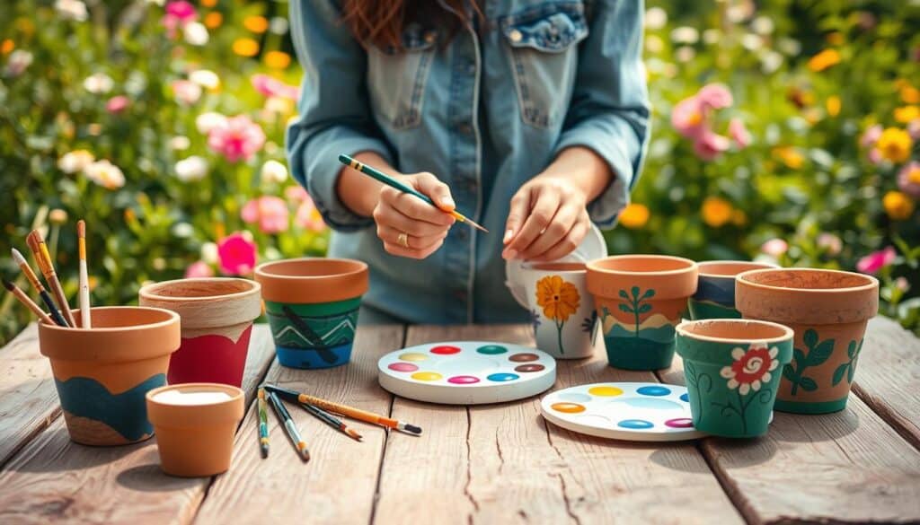 A step-by-step painted flower pot tutorial displayed on a rustic wooden table in a bright, airy outdoor setting. The foreground features a series of colorful terra cotta pots in various stages of decoration, showcasing paintbrushes, vibrant paints, and a palette. In the middle ground, a pair of hands wearing modest, casual attire carefully paint intricate designs onto the pots, highlighting the creative process. The background reveals a lush garden filled with blooming flowers and greenery, illuminated by soft, natural sunlight that enhances the vibrant colors of the pots. The overall mood is cheerful and inspiring, inviting viewers to engage in a fun and colorful gardening project. A step-by-step painted flower pot tutorial displayed on a rustic wooden table in a bright, airy outdoor setting. The foreground features a series of colorful terra cotta pots in various stages of decoration, showcasing paintbrushes, vibrant paints, and a palette. In the middle ground, a pair of hands wearing modest, casual attire carefully paint intricate designs onto the pots, highlighting the creative process. The background reveals a lush garden filled with blooming flowers and greenery, illuminated by soft, natural sunlight that enhances the vibrant colors of the pots. The overall mood is cheerful and inspiring, inviting viewers to engage in a fun and colorful gardening project.