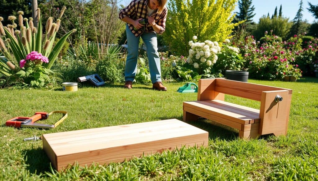A step-by-step view of how to make a garden kneeler and seat from two pieces of wood. In the foreground, feature two long wooden planks, one serving as the kneeling pad and the other as the seat, resting on a grassy garden surface. Include essential tools like a saw, screws, and a measuring tape placed beside them. In the middle, depict a person wearing modest casual clothing, using a drill to assemble the wooden pieces, focused on their task. The background shows a lush garden with blooming flowers and a clear blue sky, illuminated by soft, natural sunlight, creating a warm and inviting atmosphere. The scene should convey a sense of productivity and enjoyment in gardening. A step-by-step view of how to make a garden kneeler and seat from two pieces of wood. In the foreground, feature two long wooden planks, one serving as the kneeling pad and the other as the seat, resting on a grassy garden surface. Include essential tools like a saw, screws, and a measuring tape placed beside them. In the middle, depict a person wearing modest casual clothing, using a drill to assemble the wooden pieces, focused on their task. The background shows a lush garden with blooming flowers and a clear blue sky, illuminated by soft, natural sunlight, creating a warm and inviting atmosphere. The scene should convey a sense of productivity and enjoyment in gardening.
