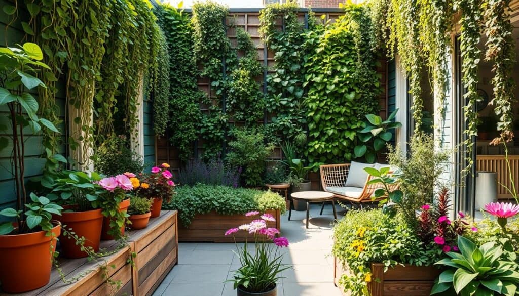 A stunning vertical garden design fills a small patio space, showcasing a variety of lush green plants and vibrant flowers. In the foreground, wooden planters with terracotta pots hold cascading vines and colorful blooms, while herbs and succulents add texture and life. The middle section features an organized arrangement of wall-mounted plant panels, creating a green tapestry effect, with sunlight filtering through the foliage. In the background, a cozy seating area with minimalist furniture invites relaxation, surrounded by soft, natural light that highlights the garden's beauty. The atmosphere is serene and inviting, ideal for enjoying nature in an urban setting, captured with a wide-angle lens that emphasizes depth and dimension.
