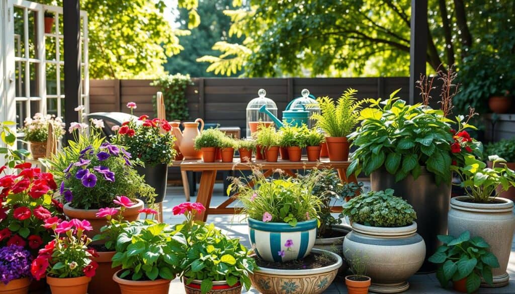 A stunning, well-designed container garden in a cozy outdoor setting, featuring a variety of plants arranged harmoniously in decorative pots. In the foreground, showcase a mix of colorful flowering plants like petunias and geraniums, alongside lush green herbs in uniquely shaped containers. In the middle, a wooden table adorned with gardening tools, a watering can, and a few terracotta pots adds an inviting touch. The background features a softly lit patio area with dappled sunlight filtering through the leaves of nearby trees, creating a serene atmosphere. The image captures the beauty of aesthetic design principles in gardening, highlighting balance, color harmony, and texture contrast. The sunlight casts gentle shadows, enhancing the overall appeal with a warm, welcoming mood.