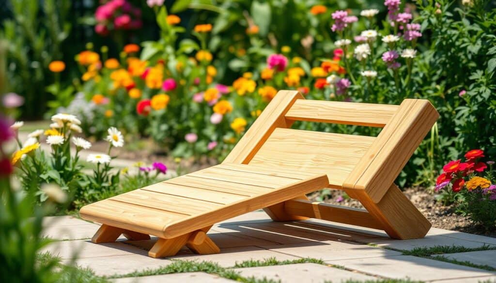A sturdy wooden garden kneeler, designed with two interlocking planks of high-quality timber, showcases its functionality in an airy garden setting. In the foreground, focus on the sleek, natural wood grain and polished finish, emphasizing the thick, stable frame and reinforced joints for maximum stability. In the middle ground, feature a partly assembled kneeler to illustrate its two-piece structure, highlighting the correct alignment of the joints. The background presents a lush garden filled with vibrant flowers and greenery, bathed in soft sunlight that casts gentle shadows, creating a warm and inviting atmosphere. Use a shallow depth of field to draw attention to the kneeler while softly blurring the surroundings. Capture the image from a slightly elevated angle, ensuring the structure appears robust and practical for gardening tasks. A sturdy wooden garden kneeler, designed with two interlocking planks of high-quality timber, showcases its functionality in an airy garden setting. In the foreground, focus on the sleek, natural wood grain and polished finish, emphasizing the thick, stable frame and reinforced joints for maximum stability. In the middle ground, feature a partly assembled kneeler to illustrate its two-piece structure, highlighting the correct alignment of the joints. The background presents a lush garden filled with vibrant flowers and greenery, bathed in soft sunlight that casts gentle shadows, creating a warm and inviting atmosphere. Use a shallow depth of field to draw attention to the kneeler while softly blurring the surroundings. Capture the image from a slightly elevated angle, ensuring the structure appears robust and practical for gardening tasks.