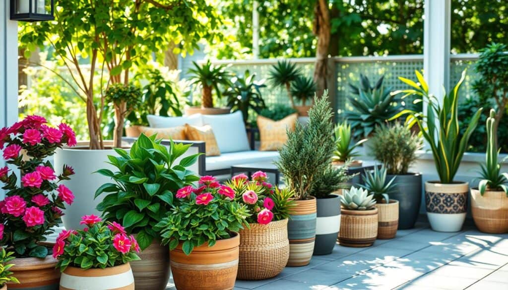 A stylish and inviting patio scene featuring various beautifully arranged potted plants in different types of planters, showcasing modern and classic designs. In the foreground, include vibrant flowering plants in ceramic pots, along with lush greenery in woven baskets. The middle ground should display a chic outdoor furniture set, surrounded by an array of potted plants of varying heights and shapes, such as succulents and small trees. The background features a sunny garden setting with soft sunlight filtering through leaves, creating an airy and bright atmosphere. Use a wide-angle lens to capture the entirety of the patio, highlighting the harmonious blend of plants and stylish furnishings, evoking a serene and inviting mood perfect for relaxation. A stylish and inviting patio scene featuring various beautifully arranged potted plants in different types of planters, showcasing modern and classic designs. In the foreground, include vibrant flowering plants in ceramic pots, along with lush greenery in woven baskets. The middle ground should display a chic outdoor furniture set, surrounded by an array of potted plants of varying heights and shapes, such as succulents and small trees. The background features a sunny garden setting with soft sunlight filtering through leaves, creating an airy and bright atmosphere. Use a wide-angle lens to capture the entirety of the patio, highlighting the harmonious blend of plants and stylish furnishings, evoking a serene and inviting mood perfect for relaxation.