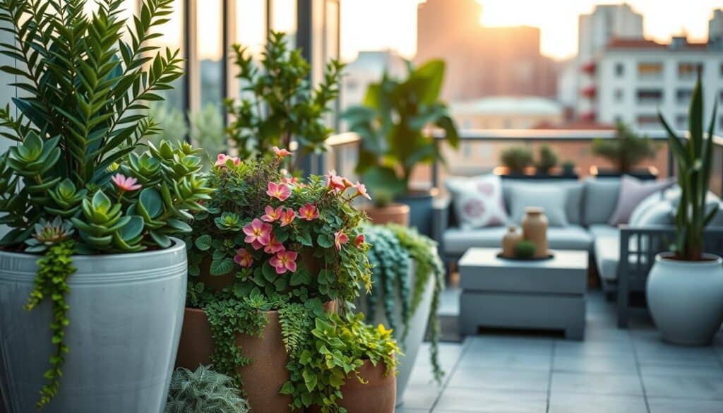 A stylish modern patio scene showcasing innovative planter ideas for small spaces and balconies. In the foreground, elegant ceramic pots in varying heights filled with lush greenery, including vibrant succulents, flowering plants, and cascading vines. The middle ground features a cozy seating area with a minimalist design, complete with weather-resistant cushions, while the background displays a softly lit urban setting with a warm sunset glow. The lighting is bright and natural, creating an airy atmosphere, highlighting the textures of the plants and materials. Capture this scene from a slightly elevated angle to emphasize the harmonious blend of plants and outdoor living, evoking a sense of tranquility and sophistication in patio styling. A stylish modern patio scene showcasing innovative planter ideas for small spaces and balconies. In the foreground, elegant ceramic pots in varying heights filled with lush greenery, including vibrant succulents, flowering plants, and cascading vines. The middle ground features a cozy seating area with a minimalist design, complete with weather-resistant cushions, while the background displays a softly lit urban setting with a warm sunset glow. The lighting is bright and natural, creating an airy atmosphere, highlighting the textures of the plants and materials. Capture this scene from a slightly elevated angle to emphasize the harmonious blend of plants and outdoor living, evoking a sense of tranquility and sophistication in patio styling.