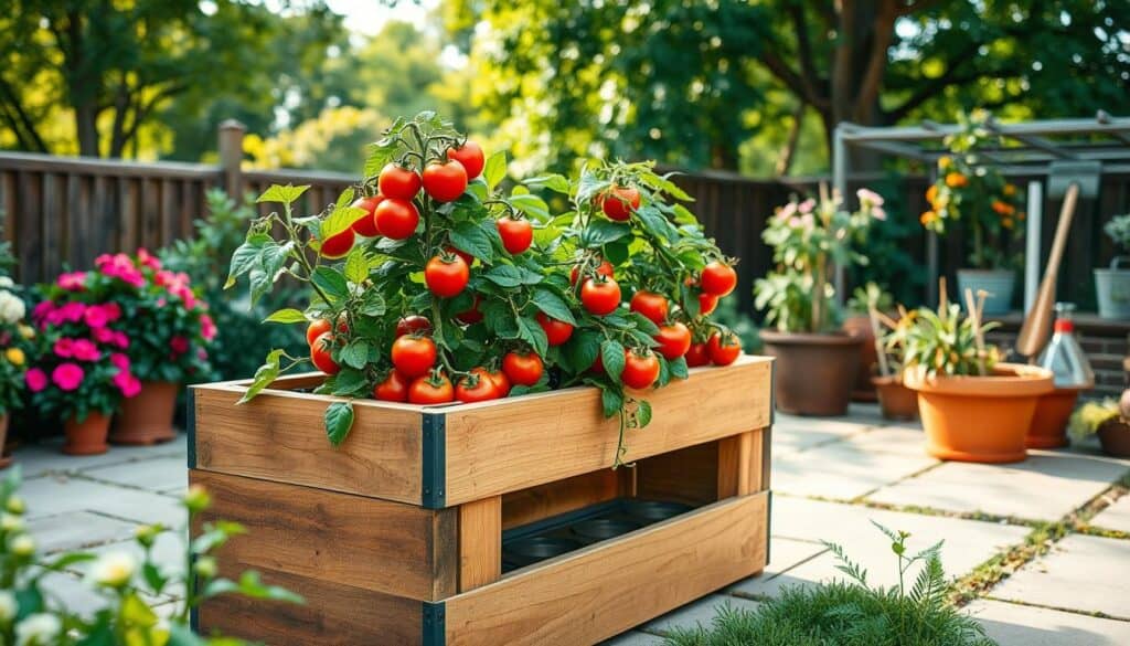 A stylish self-watering tomato planter made of rustic wood, featuring vibrant green tomato plants bursting with ripe red tomatoes. The planter is situated on a well-maintained patio surrounded by blooming flowers and lush greenery, showcasing a harmonious garden atmosphere. In the foreground, the planter reveals its innovative self-watering design, with visible water reservoir and drainage system. The mid-ground includes additional potted plants and gardening tools, suggesting an active gardening space. Soft, natural light filters through nearby trees, casting gentle shadows and illuminating the tomatoes. The scene is captured from a slightly elevated angle, conveying a sense of depth and warmth, evoking a peaceful and productive gardening mood. A stylish self-watering tomato planter made of rustic wood, featuring vibrant green tomato plants bursting with ripe red tomatoes. The planter is situated on a well-maintained patio surrounded by blooming flowers and lush greenery, showcasing a harmonious garden atmosphere. In the foreground, the planter reveals its innovative self-watering design, with visible water reservoir and drainage system. The mid-ground includes additional potted plants and gardening tools, suggesting an active gardening space. Soft, natural light filters through nearby trees, casting gentle shadows and illuminating the tomatoes. The scene is captured from a slightly elevated angle, conveying a sense of depth and warmth, evoking a peaceful and productive gardening mood.
