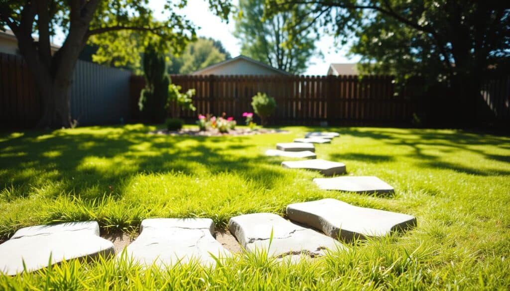 A sunny backyard garden showcasing a creative and budget-friendly pathway made of DIY concrete stepping stones. In the foreground, several uniquely shaped, grey, homemade concrete stones are neatly arranged in a winding pattern leading through soft green grass, with hints of colorful flowers interspersed. The middle ground features additional stepping stones leading towards a small, charming garden patch. In the background, a wooden fence and leafy trees capture the essence of a serene outdoor space. The scene is illuminated by bright, natural sunlight creating soft shadows, enhancing the textures of the stones and foliage. The overall atmosphere is inviting and cheerful, suggesting a practical yet aesthetic outdoor solution. A sunny backyard garden showcasing a creative and budget-friendly pathway made of DIY concrete stepping stones. In the foreground, several uniquely shaped, grey, homemade concrete stones are neatly arranged in a winding pattern leading through soft green grass, with hints of colorful flowers interspersed. The middle ground features additional stepping stones leading towards a small, charming garden patch. In the background, a wooden fence and leafy trees capture the essence of a serene outdoor space. The scene is illuminated by bright, natural sunlight creating soft shadows, enhancing the textures of the stones and foliage. The overall atmosphere is inviting and cheerful, suggesting a practical yet aesthetic outdoor solution.