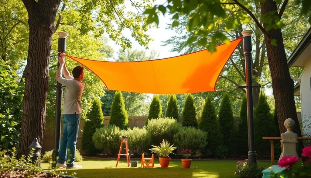 A sunny backyard scene showcasing a DIY shade sail installation. In the foreground, a skilled individual, dressed in modest casual clothing, is carefully securing a vibrant, rectangular shade sail between sturdy trees and decorative posts. The middle ground features a partially completed frame with ropes and anchors, surrounded by gardening tools and colorful flower pots. In the background, lush greenery and well-maintained shrubs frame the scene, with rays of soft sunlight filtering through the leaves, creating an inviting and relaxed atmosphere. The focus is sharp on the installation process, while the background has a slight soft blur, enhancing the feel of a bright, airy day perfect for outdoor activities.