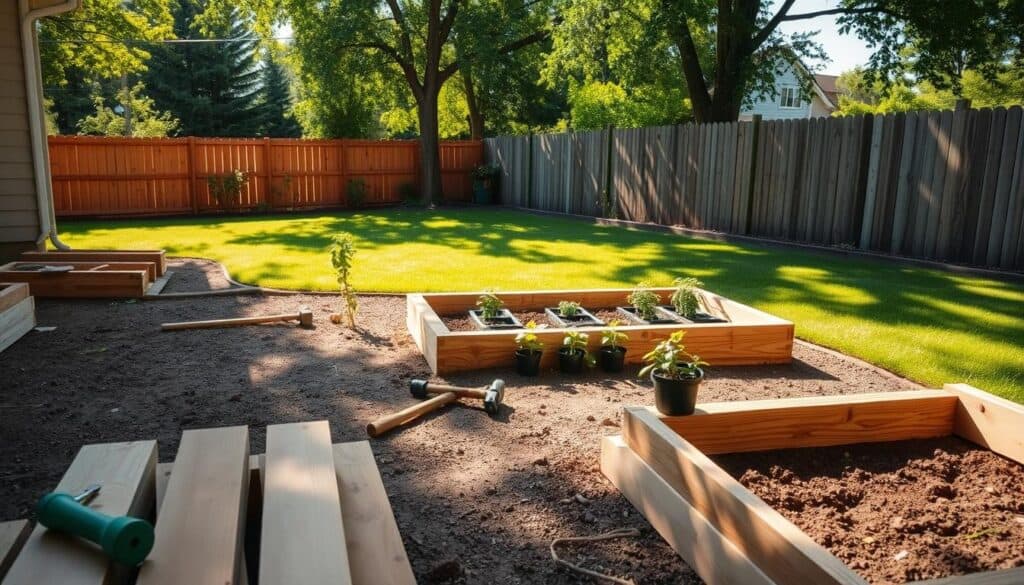A sunny backyard scene showcasing the beginning of a raised bed garden. In the foreground, there are neatly arranged wooden boards, ready to be assembled into garden beds, with tools like a hammer and nails nearby. The middle ground features a partially constructed raised bed with fresh soil, surrounded by small pots containing seedlings of tomatoes, peppers, and lettuce. In the background, a lush green lawn and a wooden fence provide a tranquil atmosphere. The soft, golden sunlight filters through nearby trees, casting gentle shadows, highlighting the textures of the wood and soil. The overall mood is inspiring and welcoming, perfect for beginners eager to start their gardening journey. The image is framed from a slightly elevated angle to capture the entire scene.