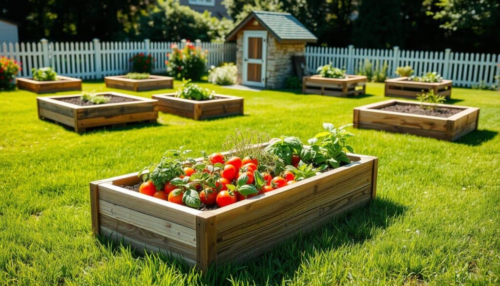 A sunny backyard setting with vibrant green grass, showcasing a variety of DIY raised garden beds in different styles. In the foreground, include a rectangular wooden raised bed filled with colorful vegetables and herbs, like tomatoes, basil, and peppers. The middle ground features additional raised beds made from stone and recycled pallets, each uniquely designed, surrounding a small, rustic wooden tool shed. In the background, a white picket fence and a few flowering shrubs add charm. The scene is illuminated by soft, natural light, creating an inviting atmosphere. Capture the image at a slight angle to emphasize depth, with a focus on the textures of the wood and the plants. The overall feel should be warm and inspiring, perfect for a small backyard gardening project. A sunny backyard setting with vibrant green grass, showcasing a variety of DIY raised garden beds in different styles. In the foreground, include a rectangular wooden raised bed filled with colorful vegetables and herbs, like tomatoes, basil, and peppers. The middle ground features additional raised beds made from stone and recycled pallets, each uniquely designed, surrounding a small, rustic wooden tool shed. In the background, a white picket fence and a few flowering shrubs add charm. The scene is illuminated by soft, natural light, creating an inviting atmosphere. Capture the image at a slight angle to emphasize depth, with a focus on the textures of the wood and the plants. The overall feel should be warm and inspiring, perfect for a small backyard gardening project.