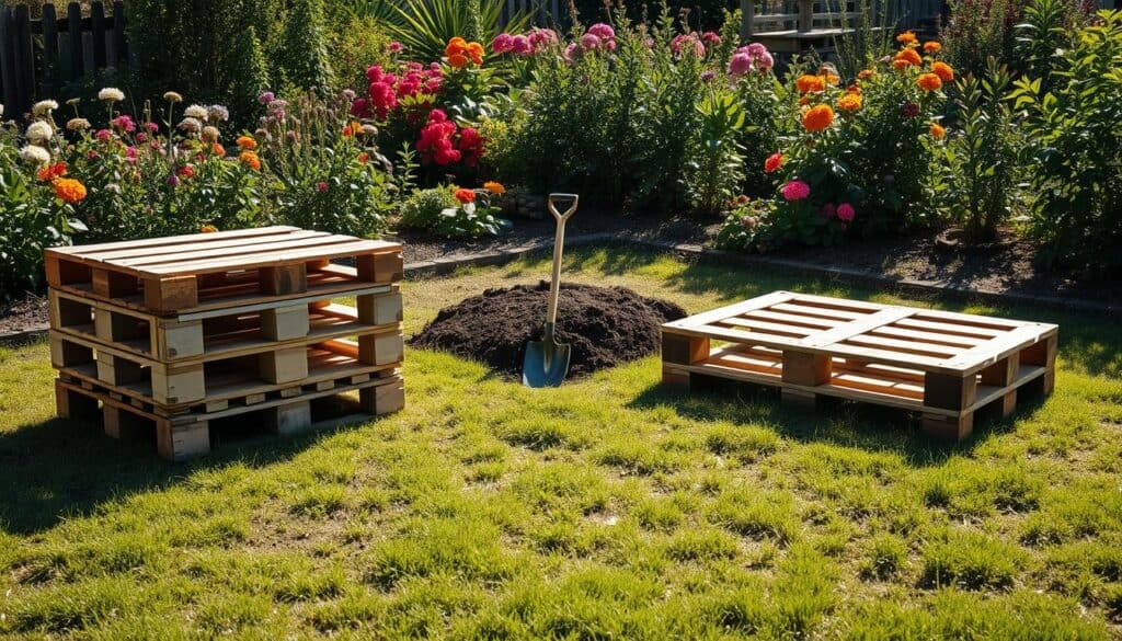 A sunny outdoor setting showing a well-prepared site for a DIY compost bin made from pallets. In the foreground, neatly stacked wooden pallets rest on the grassy ground, ready for assembly. In the middle ground, a small area is marked with garden tools organized beside them, and a shovel is slightly buried in the earth. The background features a lush garden filled with vibrant flowers and greenery bathed in soft sunlight. The scene has an air of tranquility and anticipation, with gentle shadows cast by the sun. Capture this composition with a wide-angle lens to emphasize depth, ensuring the colors are vivid and inviting, creating a sense of warmth and inspiration for home gardening enthusiasts. A sunny outdoor setting showing a well-prepared site for a DIY compost bin made from pallets. In the foreground, neatly stacked wooden pallets rest on the grassy ground, ready for assembly. In the middle ground, a small area is marked with garden tools organized beside them, and a shovel is slightly buried in the earth. The background features a lush garden filled with vibrant flowers and greenery bathed in soft sunlight. The scene has an air of tranquility and anticipation, with gentle shadows cast by the sun. Capture this composition with a wide-angle lens to emphasize depth, ensuring the colors are vivid and inviting, creating a sense of warmth and inspiration for home gardening enthusiasts.