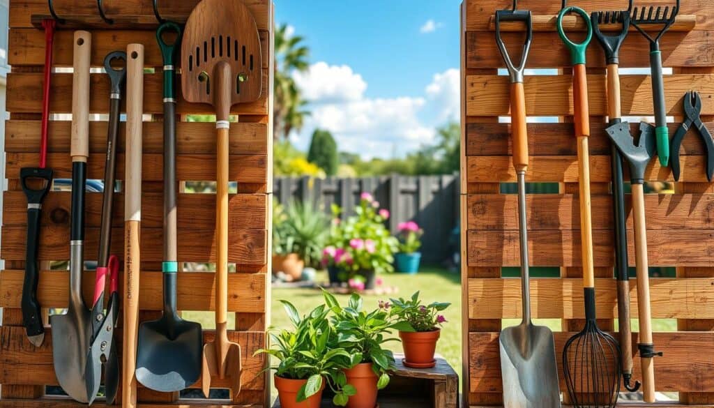 A tidy, upcycled garden tool organizer made from rustic wooden pallets, showcasing various garden tools such as shovels, rakes, and pruners neatly arranged. In the foreground, the wooden pallet is weathered, featuring natural textures and earthy tones, with tools hanging from hooks and resting in compartments. In the middle, vibrant green plants and potted flowers provide a lively context, hinting at a garden setting. In the background, a soft-focus view of a sunlit backyard garden, with blue skies and fluffy clouds, creates a serene atmosphere. The scene is illuminated with bright, natural light, casting gentle shadows. The image is framed from a slightly elevated angle to capture the entire organization system clearly, emphasizing practicality and creativity in DIY garden storage. A tidy, upcycled garden tool organizer made from rustic wooden pallets, showcasing various garden tools such as shovels, rakes, and pruners neatly arranged. In the foreground, the wooden pallet is weathered, featuring natural textures and earthy tones, with tools hanging from hooks and resting in compartments. In the middle, vibrant green plants and potted flowers provide a lively context, hinting at a garden setting. In the background, a soft-focus view of a sunlit backyard garden, with blue skies and fluffy clouds, creates a serene atmosphere. The scene is illuminated with bright, natural light, casting gentle shadows. The image is framed from a slightly elevated angle to capture the entire organization system clearly, emphasizing practicality and creativity in DIY garden storage.