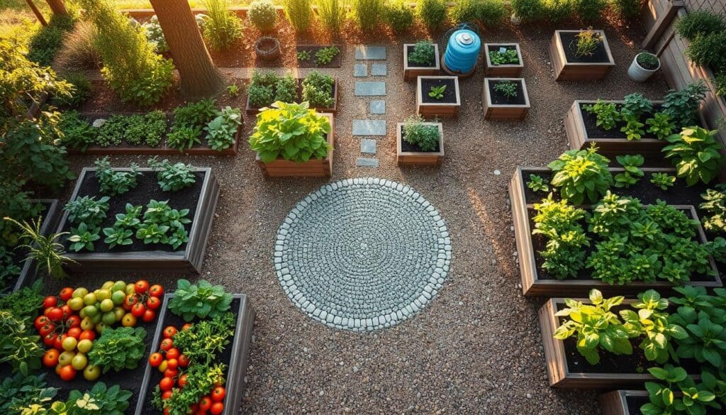 A top-down view of a keyhole garden layout, showcasing a meticulously arranged raised bed design for accessibility. The foreground features a central circular path made of stones or gravel, surrounded by lush vegetable beds filled with vibrant plants such as tomatoes, lettuce, and herbs. The middle ground presents diverse textures, highlighting wooden raised boxes and pathways allowing easy access for gardening. In the background, soft sunlight filters through the trees, casting an inviting glow over the scene, creating a warm and serene atmosphere. The layout showcases the efficient use of space, with a gentle slope leading to a watering area. The image is bright and airy, reflecting a peaceful garden setting that encourages sustainable gardening practices.