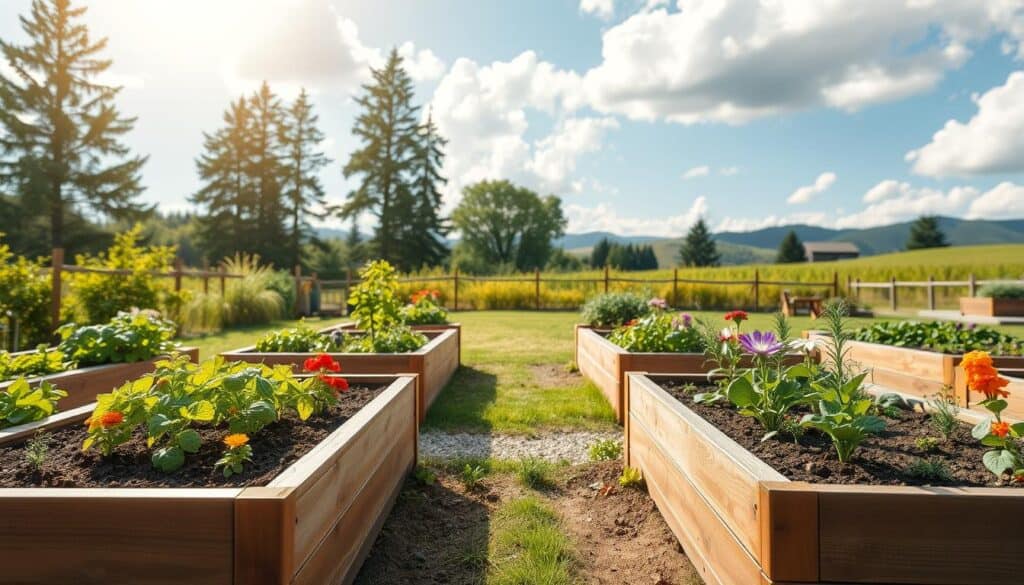 A tranquil and inviting scene featuring a beautifully arranged set of raised garden beds in a lush backyard. In the foreground, showcase wooden raised beds filled with vibrant vegetables and colorful flowers, with rich soil and healthy plants thriving. The middle ground includes a soft, grassy area with a decorative pathway, enhancing the garden's layout. In the background, visualize a sunny sky with fluffy white clouds, surrounded by tall trees and gentle hills, providing a serene atmosphere. Bright natural light and soft sunlight create a warm, uplifting mood, highlighting the textures of the wood and the greenery. The angle should be slightly elevated to capture the full essence of the garden, emphasizing its beauty and the benefits of above-ground gardening. A tranquil and inviting scene featuring a beautifully arranged set of raised garden beds in a lush backyard. In the foreground, showcase wooden raised beds filled with vibrant vegetables and colorful flowers, with rich soil and healthy plants thriving. The middle ground includes a soft, grassy area with a decorative pathway, enhancing the garden's layout. In the background, visualize a sunny sky with fluffy white clouds, surrounded by tall trees and gentle hills, providing a serene atmosphere. Bright natural light and soft sunlight create a warm, uplifting mood, highlighting the textures of the wood and the greenery. The angle should be slightly elevated to capture the full essence of the garden, emphasizing its beauty and the benefits of above-ground gardening.