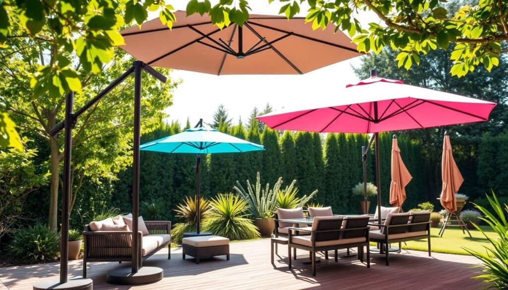 A tranquil backyard scene featuring multiple cantilever patio umbrellas in various colors, prominently displayed against a bright, natural light backdrop. In the foreground, a stylish wooden deck with a modern outdoor furniture setup, including a cozy seating area under one of the umbrellas. The middle ground showcases at least two additional cantilever umbrellas elegantly positioned to provide maximum shade, showcasing their unique designs and vibrant hues. In the background, lush greenery and well-maintained garden plants create a serene atmosphere. Soft sunlight filters through the leaves, casting gentle shadows and enhancing the tranquil mood. The camera angle is slightly elevated, offering a wide view of the setup, emphasizing the functionality and aesthetics of the cantilever umbrellas in a sun-drenched backyard.