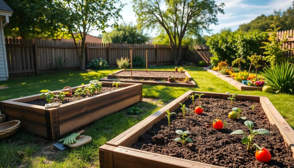 A tranquil backyard setting featuring DIY raised garden beds made from reclaimed wood. In the foreground, two rustic garden beds are filled with rich soil and vibrant seedlings of tomatoes and peppers, with a trowel and gardening gloves casually placed nearby. The middle ground showcases a neatly organized garden area, framed by lush green grass and colorful flower borders, with soft sunlight filtering through a few leafy trees. The background includes a charming wooden fence and a bright blue sky with wispy clouds. The scene is bathed in warm, natural lighting, creating a peaceful and inviting atmosphere, ideal for gardening enthusiasts. Capture the image with a slightly elevated angle to emphasize the layout and details of the beds.