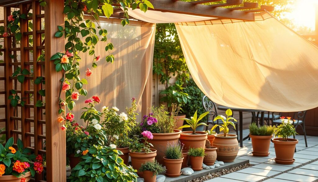 A tranquil container garden scene showcasing a variety of potted plants, including vibrant flowers and lush greenery, is actively protected from strong winds and harsh sunlight. In the foreground, a stylish wooden trellis adorned with climbing vines offers shade, while lightweight, translucent fabric panels are gently swaying in the breeze to block the sun. The middle section features a collection of terracotta and ceramic pots, each brimming with healthy plants, surrounded by decorative stones. In the background, a cozy patio setting with a charming table and chairs, surrounded by soft, golden sunlight filtering through leaves, enhances the peaceful atmosphere. The composition is bathed in warm, natural light, evoking a serene summer vibe, perfect for nurturing plants.