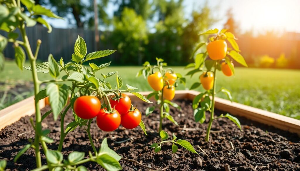 A tranquil garden scene showcasing an optimal raised bed for growing tomatoes and peppers, highlighting a depth of at least 12 inches. In the foreground, healthy tomato and pepper plants rise vibrantly from rich, dark soil, their lush green leaves contrasting against bright red tomatoes and yellow bell peppers. The middle ground features a raised wooden bed constructed from natural timber, with visible soil layers and small twigs for aeration. In the background, a soft-focus image of a sunlit garden setting, with green grass and the faint outline of a wooden fence under a clear blue sky. The lighting is bright and sunny, evoking an uplifting and nurturing atmosphere, captured from an eye-level angle to invite viewers into this cultivated space.