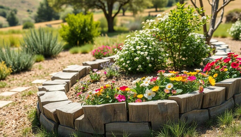 A tranquil natural garden scene featuring rustic wooden edging solutions as garden borders. In the foreground, showcase well-constructed, uneven wooden planks arranged in a serpentine pattern, filled with vibrant, blooming flowers and lush greenery. The middle ground includes a mix of soft, earthy tones with clusters of native plants and shrubs, while dappled sunlight filters through the leaves, enhancing the details. The background reveals a serene landscape, perhaps with a gentle slope leading to a few tall trees. Use bright natural light to create a warm, inviting atmosphere, capturing the soothing essence of a rustic garden. The angle should be slightly elevated, focusing on the interconnection of the garden elements and the harmony of nature. A tranquil natural garden scene featuring rustic wooden edging solutions as garden borders. In the foreground, showcase well-constructed, uneven wooden planks arranged in a serpentine pattern, filled with vibrant, blooming flowers and lush greenery. The middle ground includes a mix of soft, earthy tones with clusters of native plants and shrubs, while dappled sunlight filters through the leaves, enhancing the details. The background reveals a serene landscape, perhaps with a gentle slope leading to a few tall trees. Use bright natural light to create a warm, inviting atmosphere, capturing the soothing essence of a rustic garden. The angle should be slightly elevated, focusing on the interconnection of the garden elements and the harmony of nature.
