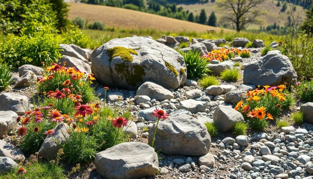 A tranquil rock garden scene showcasing a harmonious arrangement of large boulders scattered among vibrant perennial flowers. In the foreground, robust clusters of native plants like coneflowers and daylilies bloom around weathered stones. The middle section features a prominent, moss-covered boulder that acts as a focal point, surrounded by smaller pebbles and river rocks that lead the eye through the garden. The background displays a gentle slope with more greenery and distant trees, bathed in soft sunlight. The atmosphere is serene and inviting, emphasizing the beauty of natural landscapes. Capture this scene in bright, natural light to highlight the textures of the rocks and the vibrant colors of the flowers, with a focus on a slightly elevated angle that adds depth to the composition.