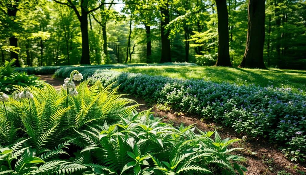 A tranquil woodland scene showcasing a variety of shade-loving edging plants as natural ground covers. In the foreground, lush ferns and vibrant hostas create a rich tapestry of green, interspersed with clusters of delicate white and purple flowers. The middle ground features gentle curving borders lined with low-growing creepers, such as periwinkle and sweet woodruff, all thriving under dappled sunlight filtering through a canopy of mature trees. The background fades into a soft blur of leafy greens, enhancing the sense of depth and serenity. The lighting is soft and radiant, reminiscent of a bright, sunny day in early spring, creating a fresh and inviting atmosphere. The composition should evoke a sense of calm and natural beauty, perfect for a shaded garden edge. A tranquil woodland scene showcasing a variety of shade-loving edging plants as natural ground covers. In the foreground, lush ferns and vibrant hostas create a rich tapestry of green, interspersed with clusters of delicate white and purple flowers. The middle ground features gentle curving borders lined with low-growing creepers, such as periwinkle and sweet woodruff, all thriving under dappled sunlight filtering through a canopy of mature trees. The background fades into a soft blur of leafy greens, enhancing the sense of depth and serenity. The lighting is soft and radiant, reminiscent of a bright, sunny day in early spring, creating a fresh and inviting atmosphere. The composition should evoke a sense of calm and natural beauty, perfect for a shaded garden edge.