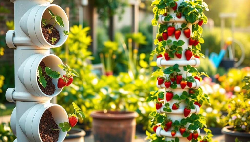 A vertical garden structure made from PVC pipes, featuring multiple tiers filled with vibrant green strawberry plants. In the foreground, show detailed sections of the PVC pipes, structured neatly with soil pockets brimming with young strawberry plants. The middle ground displays the completed tower planter standing upright, showcasing plants at various growth stages, with bright red strawberries peeking through the green foliage. In the background, a soft-focus garden setting bathed in warm, natural sunlight creates an inviting atmosphere, with hints of garden tools and flower beds. Use a slightly elevated angle to capture the height of the tower and the lushness of the strawberries, while ensuring the image is airy and well-lit, evoking a sense of DIY achievement and gardening success. A vertical garden structure made from PVC pipes, featuring multiple tiers filled with vibrant green strawberry plants. In the foreground, show detailed sections of the PVC pipes, structured neatly with soil pockets brimming with young strawberry plants. The middle ground displays the completed tower planter standing upright, showcasing plants at various growth stages, with bright red strawberries peeking through the green foliage. In the background, a soft-focus garden setting bathed in warm, natural sunlight creates an inviting atmosphere, with hints of garden tools and flower beds. Use a slightly elevated angle to capture the height of the tower and the lushness of the strawberries, while ensuring the image is airy and well-lit, evoking a sense of DIY achievement and gardening success.